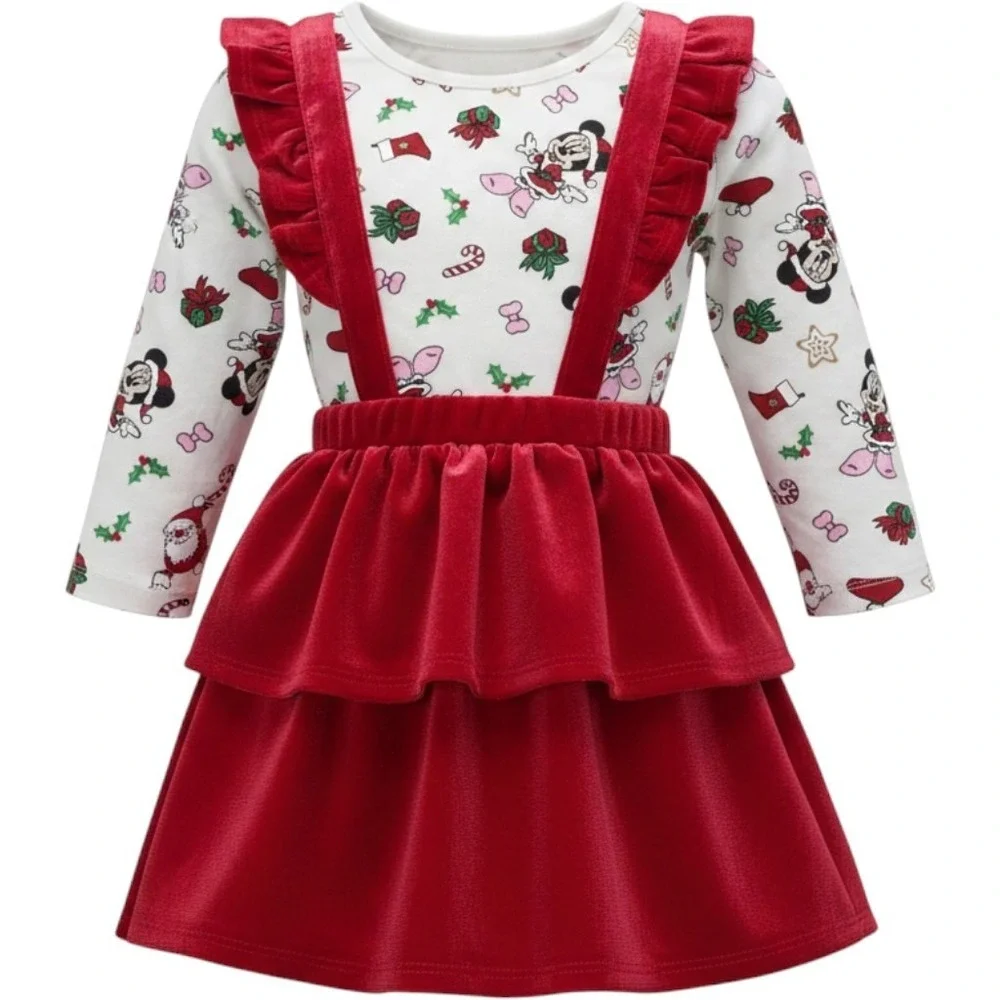 Disney‎ Baby Minnie Mouse Christmas Bodysuit and Red Velvet Skirt Set 6-9M NEW